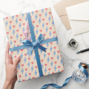Valentine Heart Thunder Lightning Bolt Pink Blue Wrapping Paper
