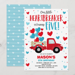 Valentine Heartbreaker 5th Birthday Red Blue Truck Invitation
