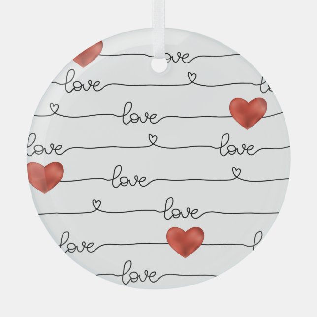 Valentine Hearts: 3D Line Design Glass Ornament (Front)