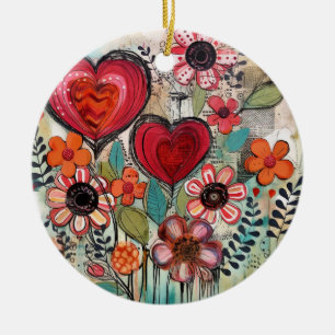 Valentine Hearts And Flowers Ceramic Ornament