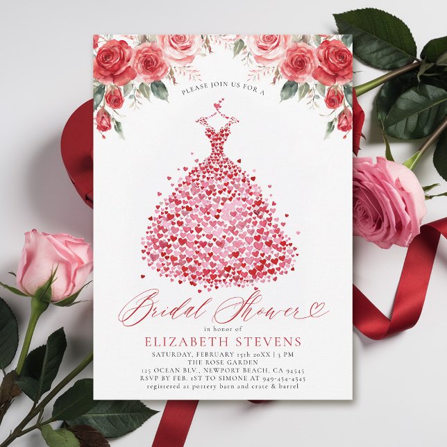 Valentine Hearts Dress Red Roses Bridal Shower Invitation (valentine bridal shower invitations whimsical hearts watercolor elegant dress red roses elegant)