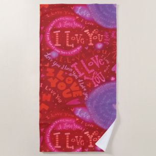 Valentine Hearts Pink Red I Love You Typography Beach Towel