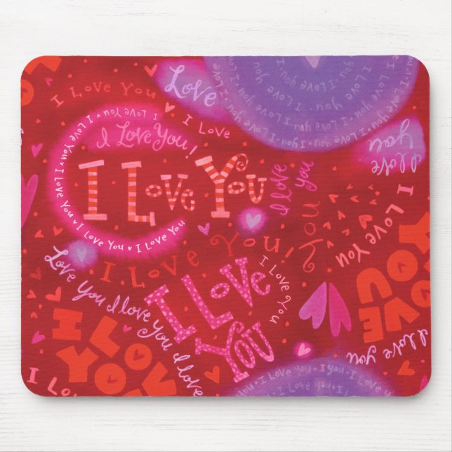 Valentine Hearts Pink Red I Love You Typography Mouse Pad (Front)