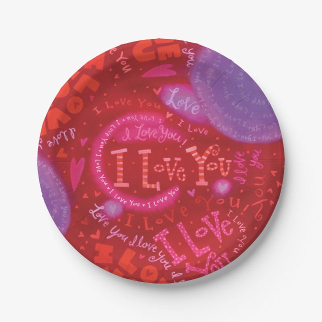 Valentine Hearts Pink Red I Love You Typography Paper Plate (Front)