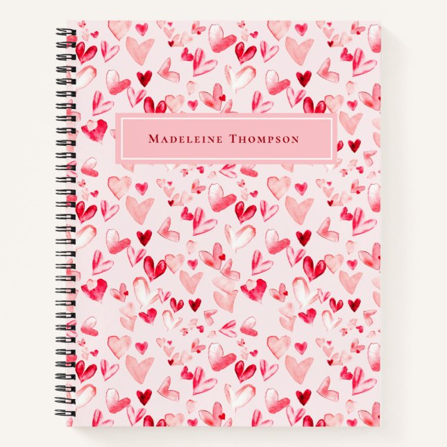 Valentine Hearts Whimsical Watercolor Pink Red  Notebook (Front)