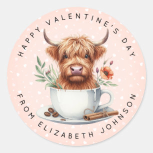 Valentine Highland Cow Personalized Name Round  Cl Classic Round Sticker