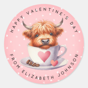 Valentine Highland Cow Personalized Name Round  Classic Round Sticker