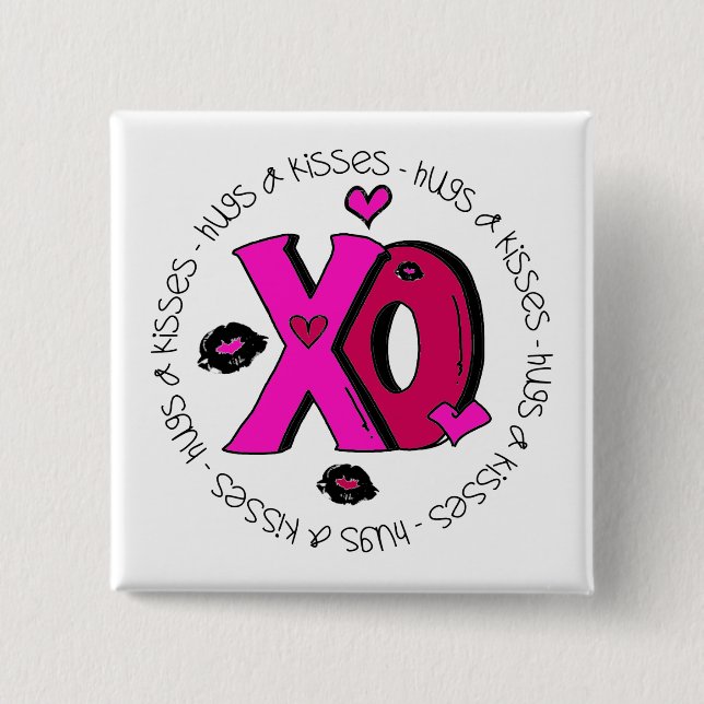 Valentine Hugs and Kisses 2 Inch Square Button (Front)