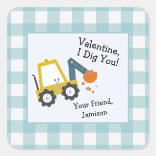 Valentine I Dig You Blue Plaid Square Sticker Favo