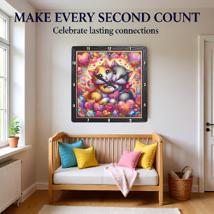 Valentine Kitten Hug Heart Wall Square Wall Clock