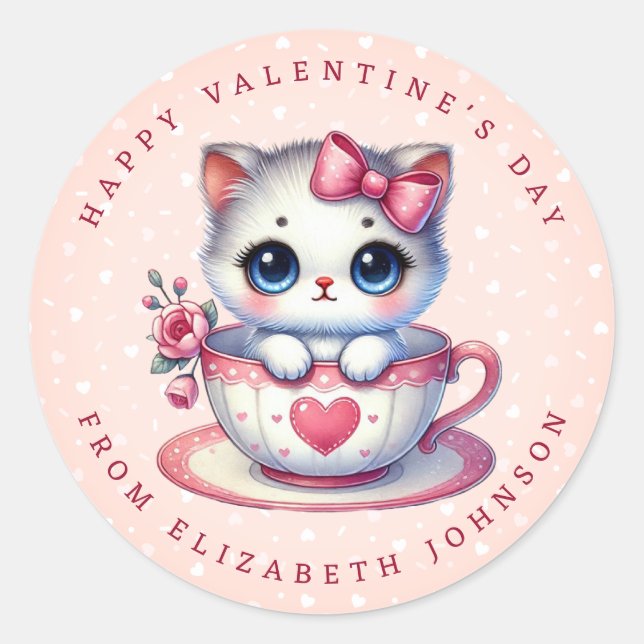 Valentine Kitten Nom personnalisé Stickers ronds (Devant)