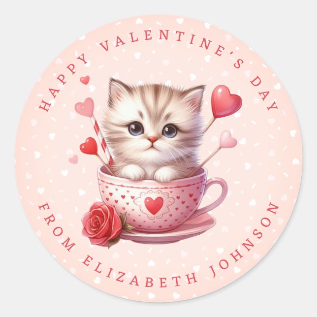 Valentine Kitten Nom personnalisé Stickers ronds (Devant)