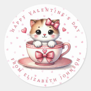 Valentine Kitten Personalized Name Round Stickers