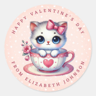 Valentine Kitten Personalized Name Round Stickers