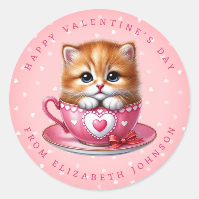 Valentine Kitten Personalized Name Round Stickers (Front)