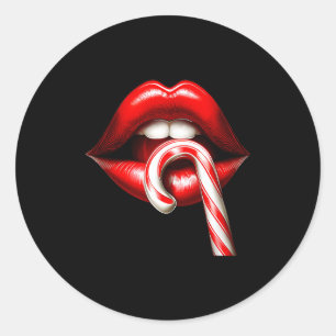 Valentine Lips Kisses Valentines Funny Candy Cane  Classic Round Sticker