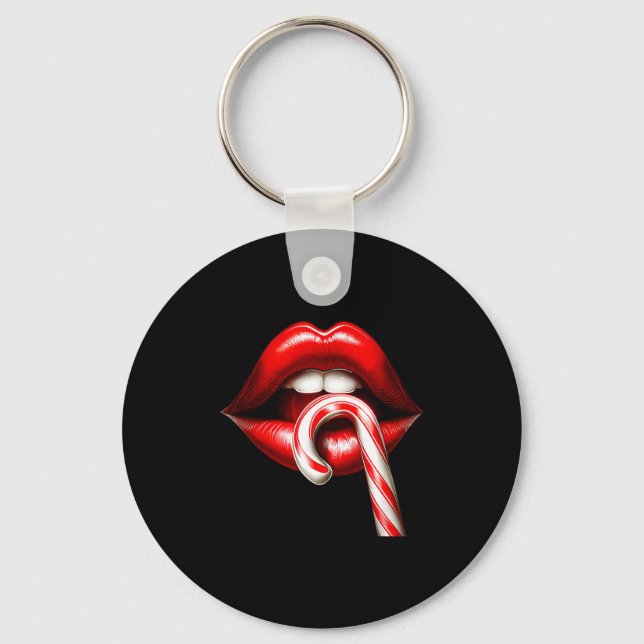 Valentine Lips Kisses Valentines Funny Candy Cane  Keychain (Front)