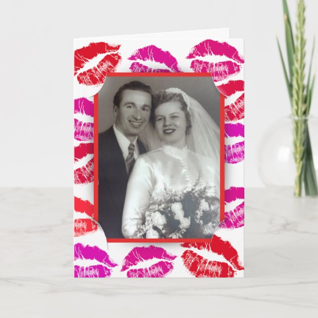 Valentine lipstick kisses photo frame holiday card (Front)