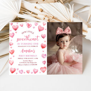 Valentine Little Sweetheart 1st Birthday Photo Invitation