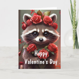 Valentine Love Fun Raccoon Kisses  and roses Holiday Card