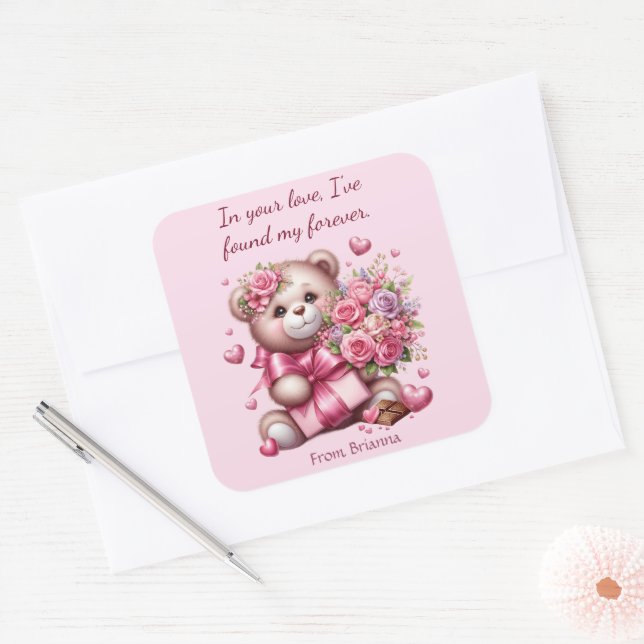 Valentine Love Rose Bear Square Sticker (Envelope)