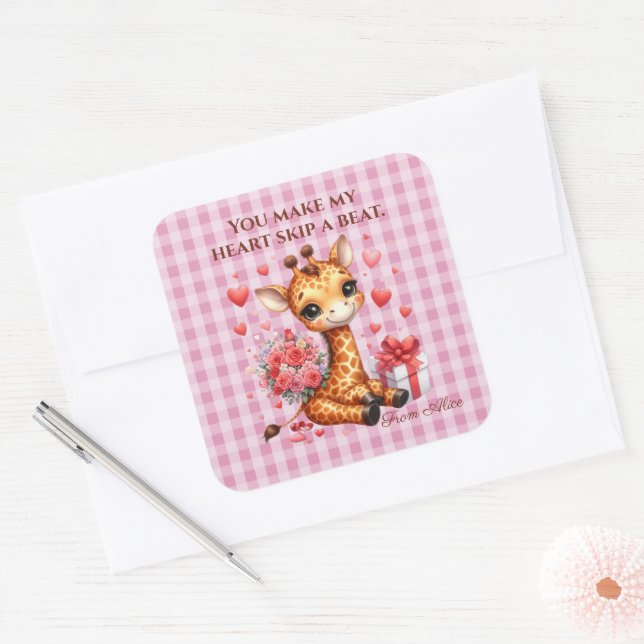 Valentine Love Rose Bouquet Giraffe Square Sticker (Envelope)