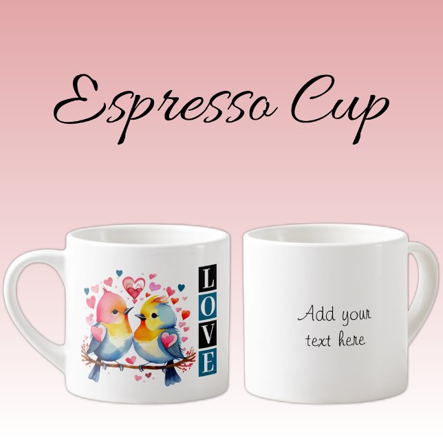 Valentine lovebirds custom text blue espresso cup (Creator Uploaded)