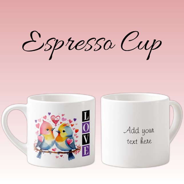Valentine lovebirds custom text purple espresso cup (Creator Uploaded)