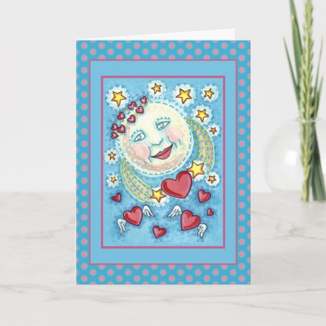 VALENTINE MAN IN THE MOON, HEAVENLY STARS & HEARTS HOLIDAY CARD (Front)