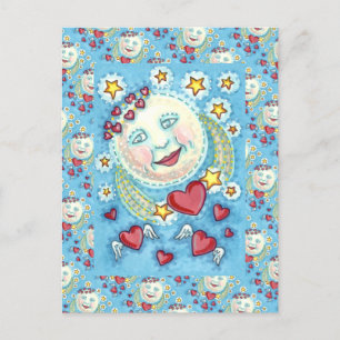 VALENTINE MAN IN THE MOON, HEAVENLY STARS & HEARTS HOLIDAY POSTCARD