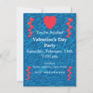 Valentine Mermaid Gold String of Red Hearts blue Invitation