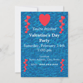 Valentine Mermaid Gold String of Red Hearts blue Invitation