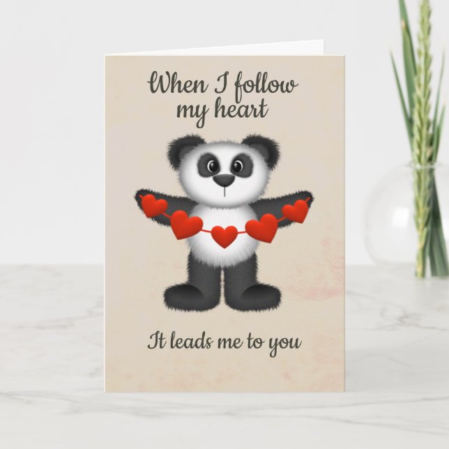 Valentine Message Panda Bear String of Red Hearts  Holiday Card (Front)