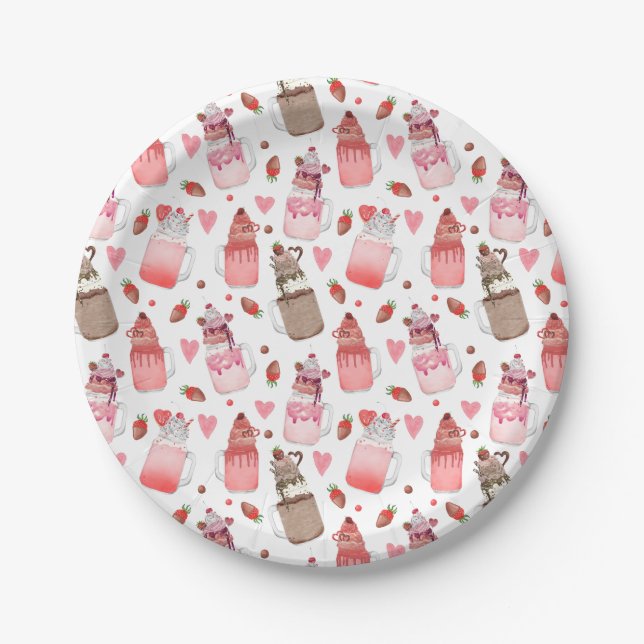 Valentine Milkshakes Candy Hearts Love Pattern Paper Plate (Front)
