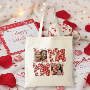 Valentine Mom and Child Photo Red Plaid Hearts Tote Bag