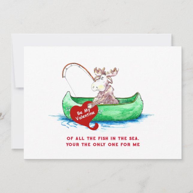 Valentine Moose Fishing 5x7 Holiday Card (Front)