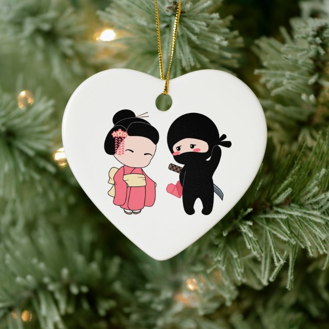 Valentine Ninja and Geisha Ceramic Ornament (Tree)