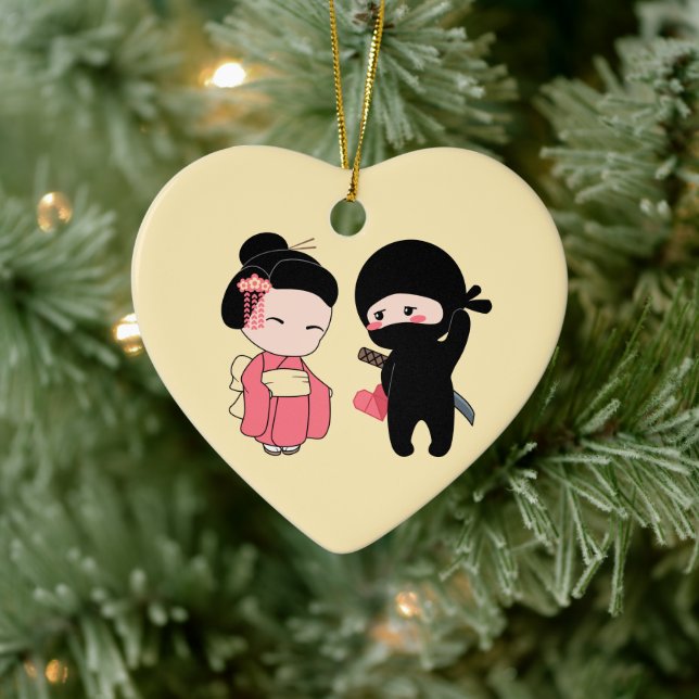 Valentine Ninja and Geisha on Yellow Ceramic Ornament (Tree)