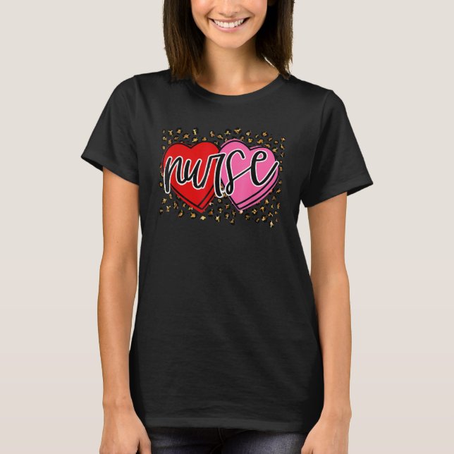 Valentine Nurse Retro Heart Leopard Happy Valentin T-Shirt (Front)