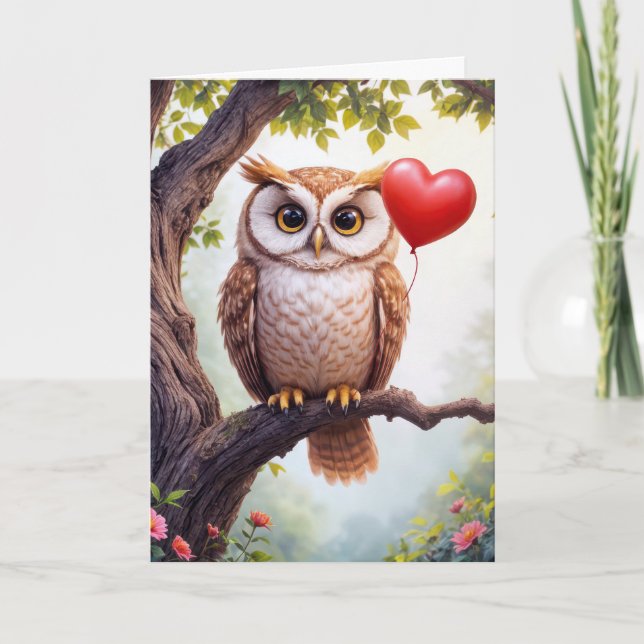 Valentine Owl With Heart Balloon Card (Front)