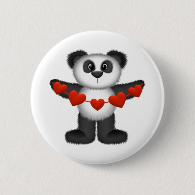 Valentine Panda Bear Holding String of Red Hearts 2 Inch Round Button (Front)