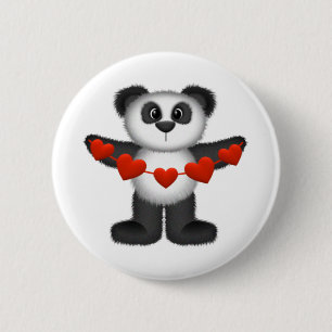 Valentine Panda Bear Holding String of Red Hearts 2 Inch Round Button