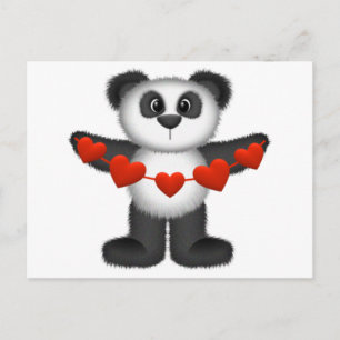 Valentine Panda Bear Holding String of Red Hearts Holiday Postcard