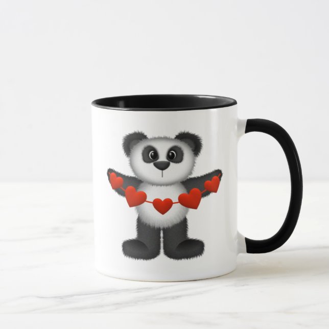 Valentine Panda Bear Holding String of Red Hearts Mug (Right)