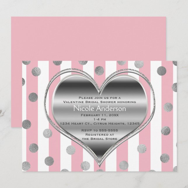 Valentine Party Silver Heart Pink & White Stripes Invitation (Front/Back)
