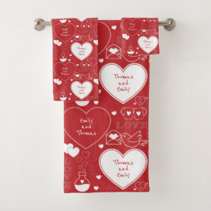 Valentine Pattern Bath Towel Set - White on Red