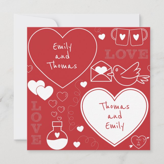 Valentine Pattern Flat Card - White on Red (Front)