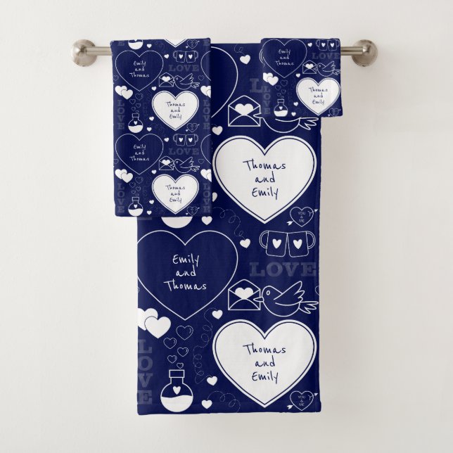 Valentine Pattern Towel Set - White on Navy Blue (Insitu)