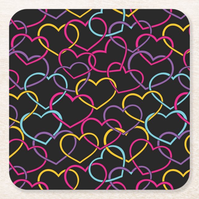 Valentine Pattern with Colour Hearts Square Paper Coaster (Front)