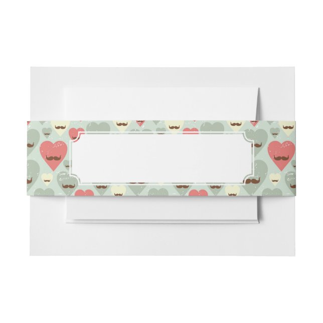 Valentine pattern with heart and moustache invitation belly band (Front Example)